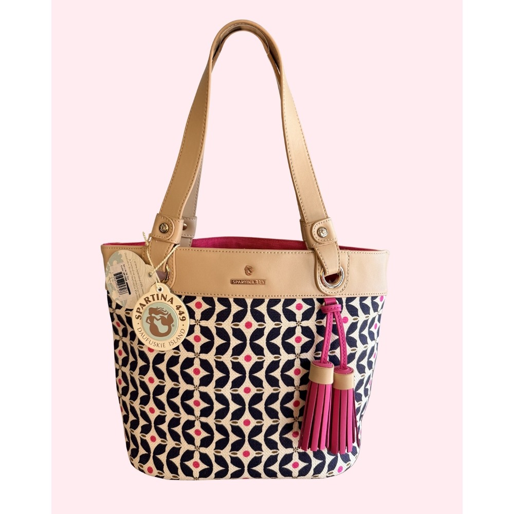 Spartina 449 Maritime Day Tote Navy Pink Linen Leather Trim 957288 NWT
